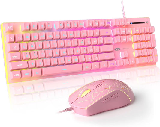 GT838 RGB Backlit Gaming Keyboard and Mouse Combo - 104 Keys Wired Keyboard with Number Pad, Metal Panel, Anti-Ghosting, Quiet Operation, Pink for Laptop, PC, and Mac